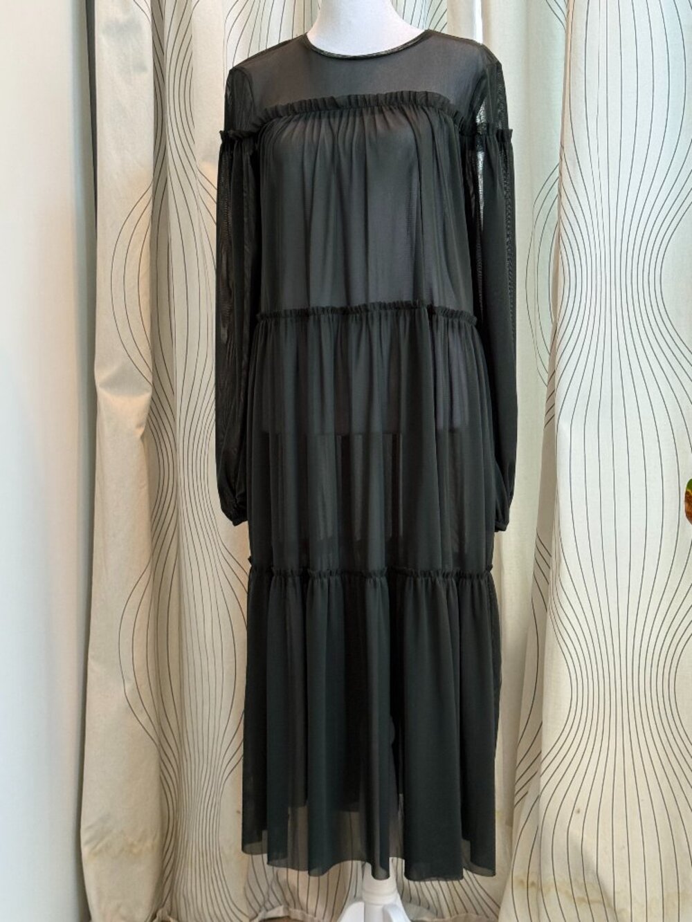 Zara deep bottle green tiered sheer maxi dress